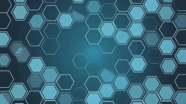 Abstract blue hexagonal pattern with glowing light effects and bokeh motion background for technology