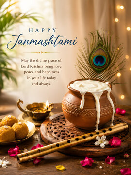 Happy janmashtami festival greeting with makhan handi flute and sweets butter pot peacock feather bamboo flute krishna janmashtami indian festival hindu festival