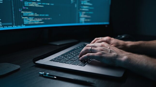 Programmer hands typing on laptop keyboard with software code displayed on monitor in dark room, generative AI