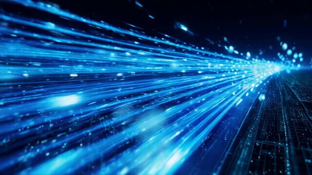 Abstract blue light streaks moving fast through digital tunnel at night cinematic motion