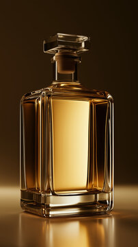Glass bottle with golden liquid and elegant square stopper on reflective surface