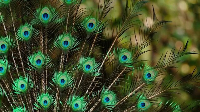​A detailed close-up video capturing the intricate and symmetrical pattern of vibrant peacock tail feathers, showcasing stunning iridescent green and blue eye spots (ocelli)