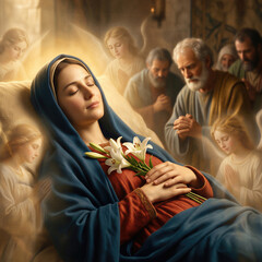Naklejka premium Dormition of the Mother of God featuring a woman Mary lying at rest with lilies. Apostles and angels praying in the background. Biblical scene depicting the holy religious transition.
