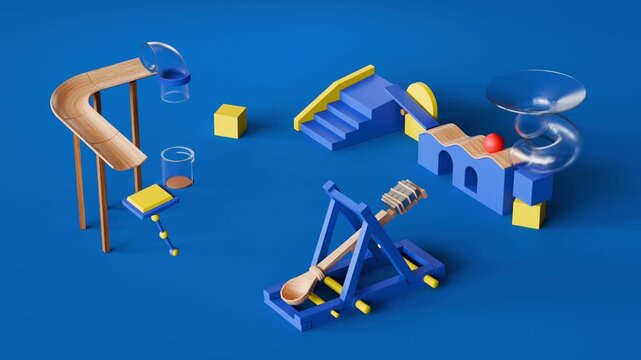 Rube Goldberg Chain Reaction Machine Mechanism Displaying Creative Process 2D Animation