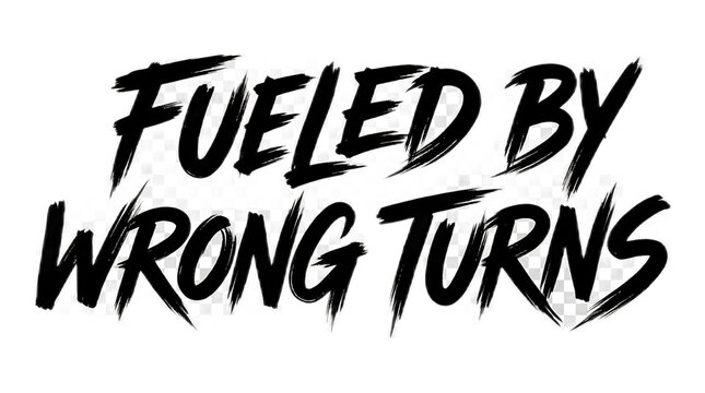 Fueled By Wrong Turns brush stroke typography text isolated on white background.