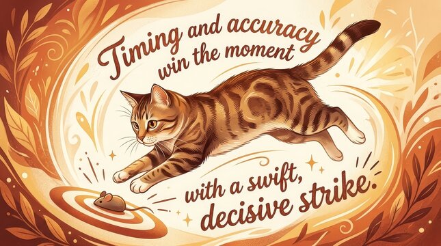 An artistic illustration of a tabby cat in motion, pouncing on a toy mouse, with text about timing and accuracy, symbolizing focus and skill
