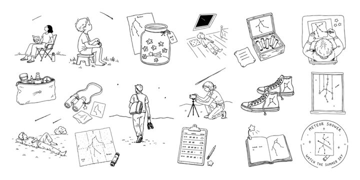 夏の流星群を観察する人物と観測道具の手描き線画セット／Summer Meteor Shower、People、Observation Tools、Line Art Set
