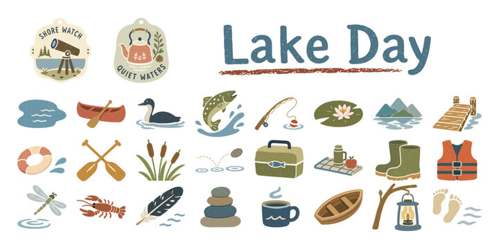 湖畔で過ごす休日の手描きイラストセット、カヌー、釣り、水鳥、アウトドア用品／Lake Day Illustration Set, Canoe, Fishing, Water Bird, Outdoor Recreation