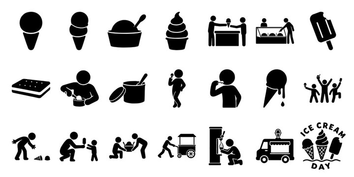 アイスクリームのピクトグラムセット、販売・調理・食べる場面／Ice Cream Pictogram Set, Selling, Preparing, Eating