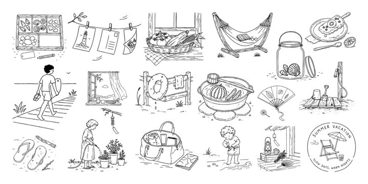 夏休みのペン画イラストセット（遊ぶ・休む・味わう）／Summer Vacation、Leisure、Hand Drawn Illustrations