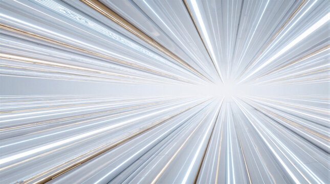 Geometric convergence displaying crisp white and soft blue glowing LED lines stretching forward inside a pristine corporate tech environment