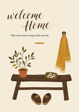 玄関のベンチと観葉植物、WELCOME HOMEの手描きインテリアイラスト/Welcome Home Typography・Entryway Bench・Houseplant・Cozy Interior