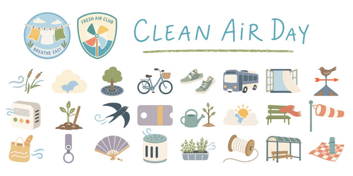 きれいな空気と換気のイラストセット、自転車と公共交通と都市緑化／Clean Air、Ventilation、Bicycle、Public Transport、Urban Greenery