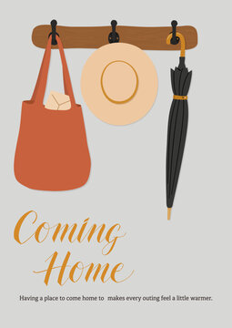 玄関の壁掛けフックと帽子とバッグと傘、帰宅を迎える暮らしのイラスト/Entryway wall hooks, Hat, Tote bag, Umbrella, Coming home illustration