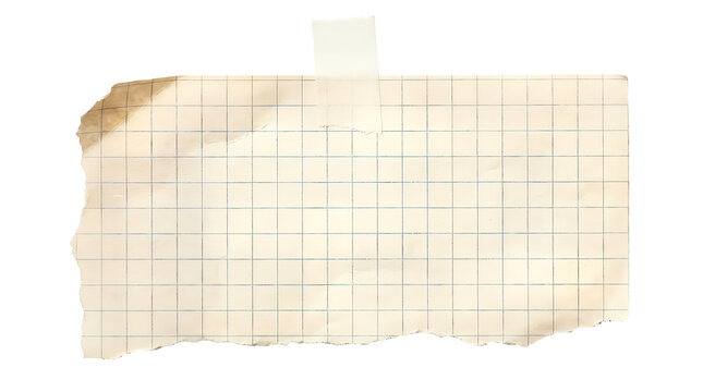 Vintage torn graph paper scrap with adhesive tape, aged yellowed notebook page, antique squared paper fragment for scrapbooking
