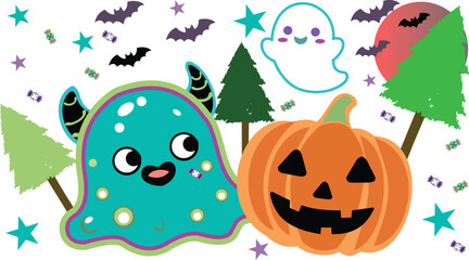 Naklejka premium Cute Halloween illustration with friendly ghost, pumpkin, monster, bat, tree and colorful festive elements! 