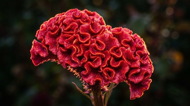 Red cockscomb flower close up showcasing its brain like velvet textured ruffles outdoors.