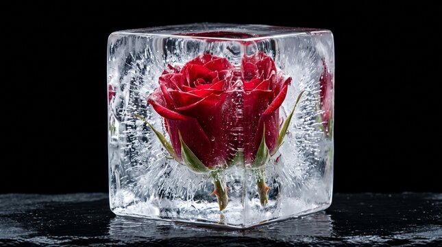 Red rose frozen inside clear ice cube on dark wet stone surface with black background.