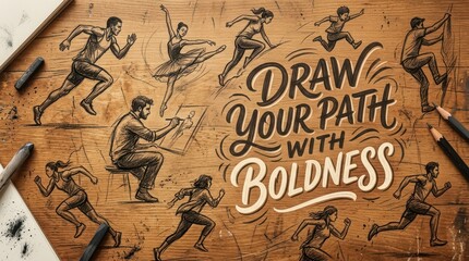 Obraz premium Creative Drawing Concept: Artist Sketches Figures in Motion and Inspiring Quote on Textured Wood