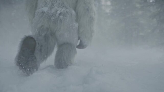 Low angle view of a yeti walking through a winter snow blizzard with copy space on the right