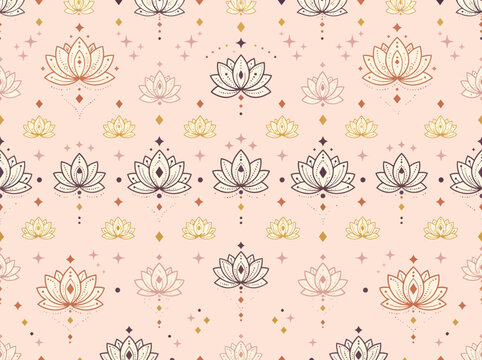 Bohemian lotus flower seamless pattern background with mystical celestial stars
