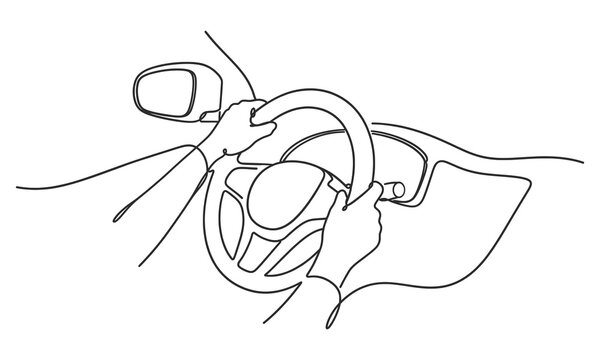 Hands Holding Steering Wheel, Minimal Car Driving Line Art Illustration.