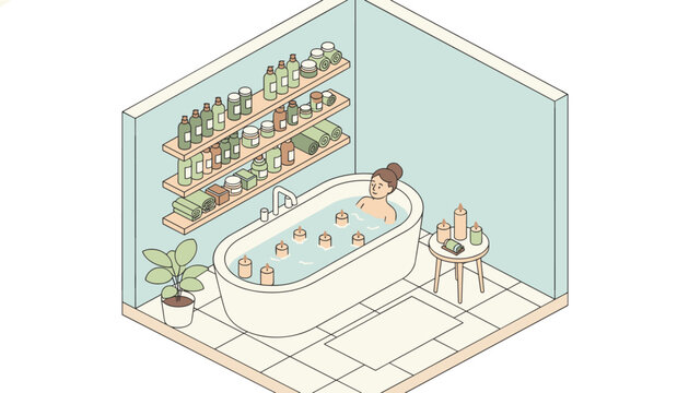 Young woman relaxing in a hot bathtub surrounded by burning candles and many cosmetics on shelves in a cozy bathroom.