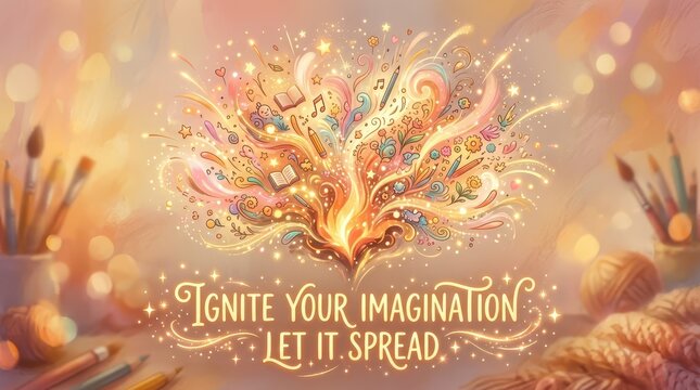 Creative explosion with art supplies and inspiring text 'Ignite Your Imagination Let It Spread', symbolizing inspiration and creativity