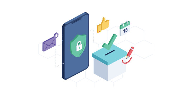 Secure digital voting concept featuring a smartphone with a padlock shield next to a checkmarked ballot box in isometric style.