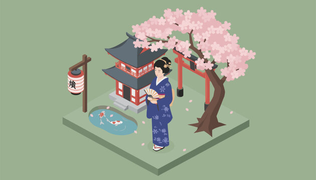 Beautiful Japanese geisha wearing a classic blue kimono standing in a traditional garden near a pagoda and cherry tree.