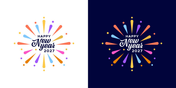 Happy New Year 2027 cursive typography design with multicolor fireworks burst, Happy New Year party celebration graphic template or banner design, 2027 logo design