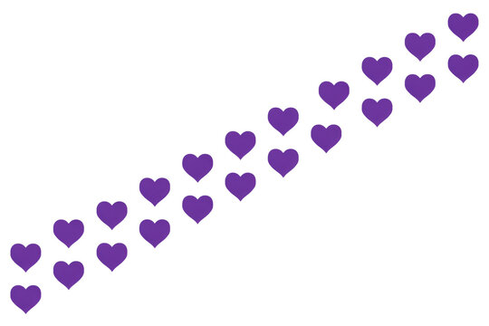Diagonal pattern of small solid purple heart shapes arranged in two parallel rows on a white surface isolated on a transparent background