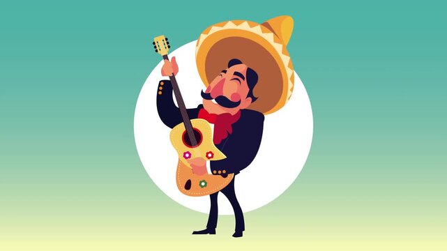 Mexican mariachi musician playing guitar wearing traditional sombrero hat and charro suit animation.