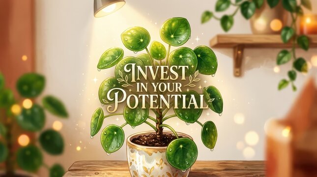 A Pilea peperomioides plant with the motivational phrase 'Invest In Your Potential' as leaves, symbolizing growth and self-improvement.