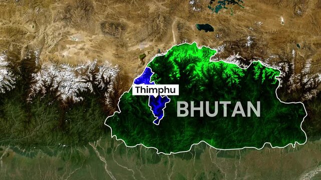 Animated map highlighting Bhutan and its capital Thimphu in motion