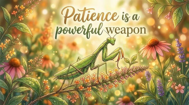 A vibrant illustration of a praying mantis perched on a plant stem surrounded by colorful flowers and soft bokeh lights, with the text 'Patience is a