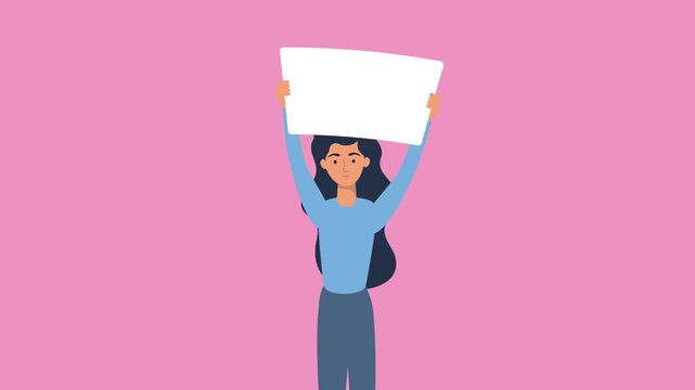 Young woman holding up blank sign in studio, motion video footage.