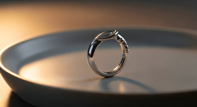 Elegant Silver Ring Placed on a Minimalist Ceramic Plate with Soft Light and Reflections in an Indoor Setting