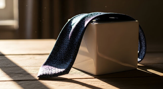 Colorful Fabric Draped Over a Smooth White Box Casting Shadows and Highlighted by Natural Sunlight in a Cozy Indoor Setting