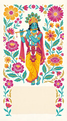 Fototapeta premium Vertical poster displaying Lord Krishna playing flute with colorful floral patterns
