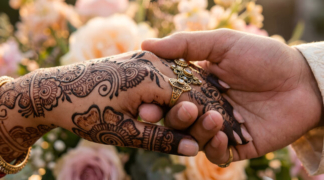 Man holding woman hand decorated with intricate traditional mehndi design