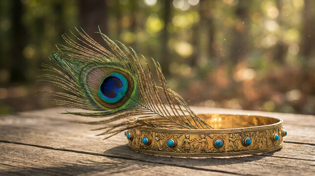 Golden jeweled crown and elegant peacock feather resting on wooden table