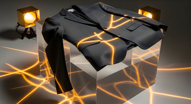 Black Fashion Jacket Displayed with Dynamic Lighting and Abstract Patterns in a Studio Environment