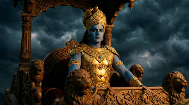 Blue skinned Krishna sitting majestically on golden chariot facing stormy sky