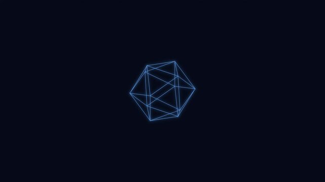 Abstract geometric wireframe structure glowing with vibrant blue neon light against a dark deep blue background representing futuristic technology and design