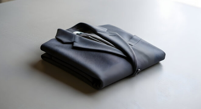 Elegant Black Folded Jacket with Subtle Textures Displayed Neatly on a Minimalistic Surface in a Contemporary Workspace