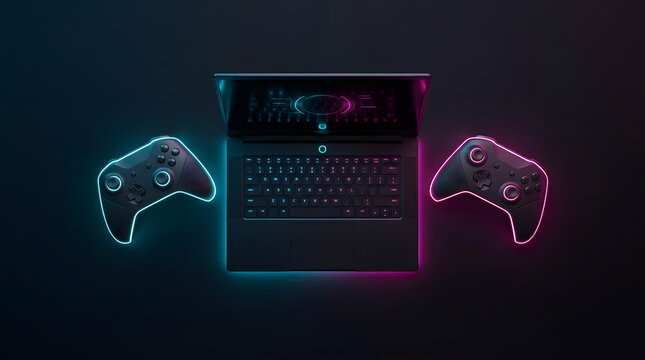 Gaming laptop with neon controllers and keyboard.