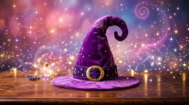 Purple velvet witch hat with stars and moon buckle