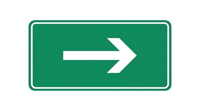 Green rectangular directional road sign with a white right arrow isolated on a solid white background.