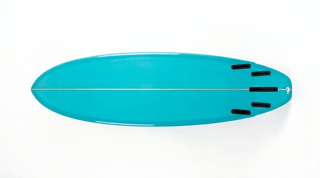 A vibrant cyan surfboard bottom with black fin boxes isolated against a white studio background.